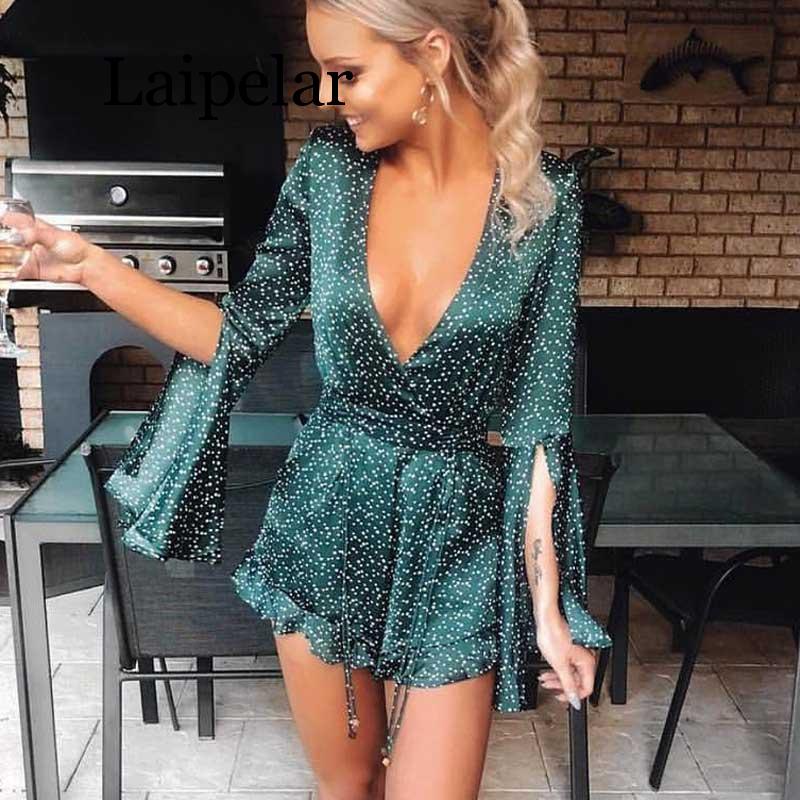 

Polka dots playsuit for women flared sleeves ruffle hem V-neck rompers chic 2020 Spring summer jumpsuit laipelar, Green