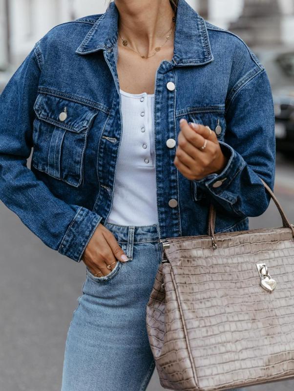 

Women Solid Short Denim Jacket Boyfriend Turn Down Collar Overcoat Streetwear Button Long Sleeve Pocket Jeans Coats, Blue