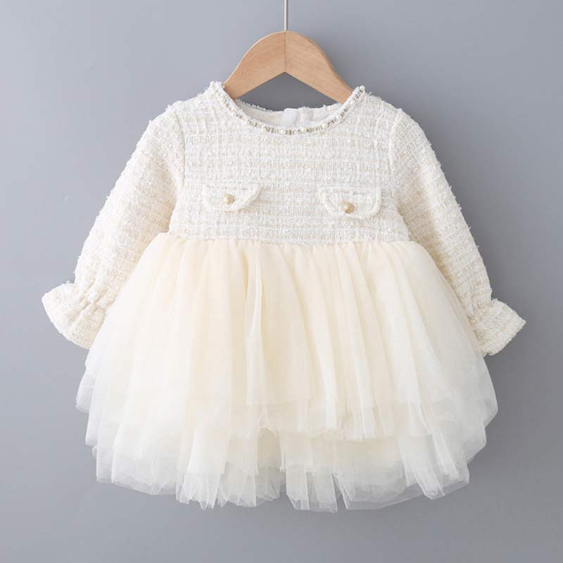 

2020 Children Autumn Fashion Dress Baby Girls Long Sleeve Mesh Clothes Patchwork Dress Girls Cute Casual Princess, Ah3118beige