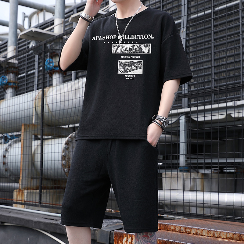

Fashion Shorts Set Men 2020 Summer 2pc Tracksuit Short SweatShirt + Shorts Sets Beach Mens Casual Tee Shirts Set Sportswears, 1956black