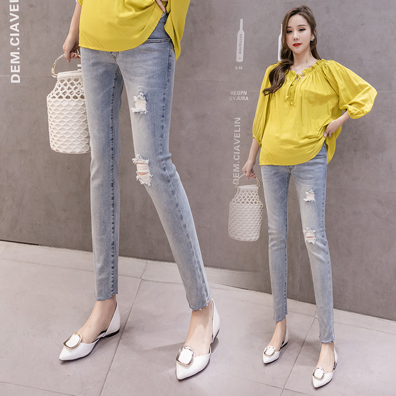 

2020 Vintgae Washed Denim Maternity Jeans for Pregnant Women Clothes Elastic Waist Belly Loose Pants Pregnancy Gravidas Clothing, Blue