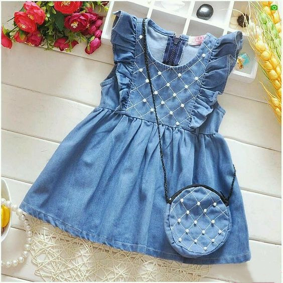 

0-3Y Summer Kids Baby Girl Pearls Beads Denim Sundress with Bag Casual Holiday Baby Girl Ruffles Sleeveless Dress A-Line, Blue