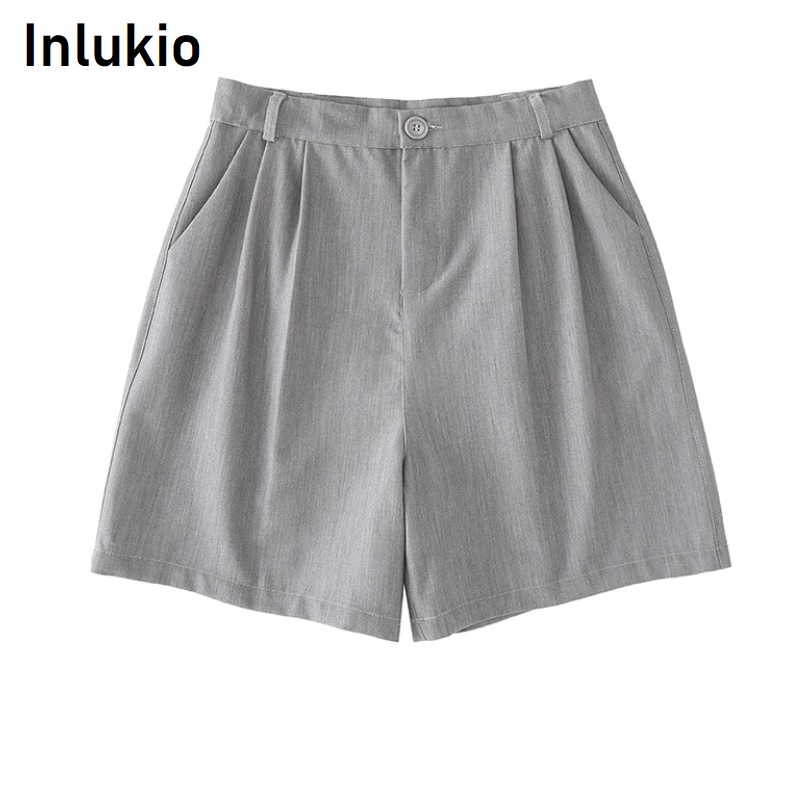 

High waist suit shots women straight wide leg pockets office dropping shorts fashion middle aged black grey summer clothes, Gray