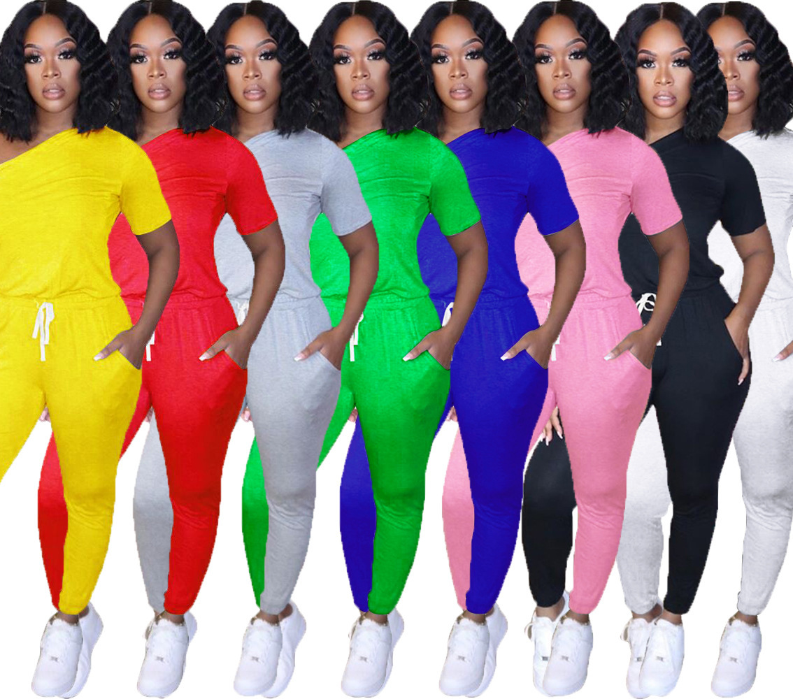 

8 color women jumpsuits rompers sexy womens shoulder half sleeve solid color slim fit womens sports jumpsuit -XXL, Yellow