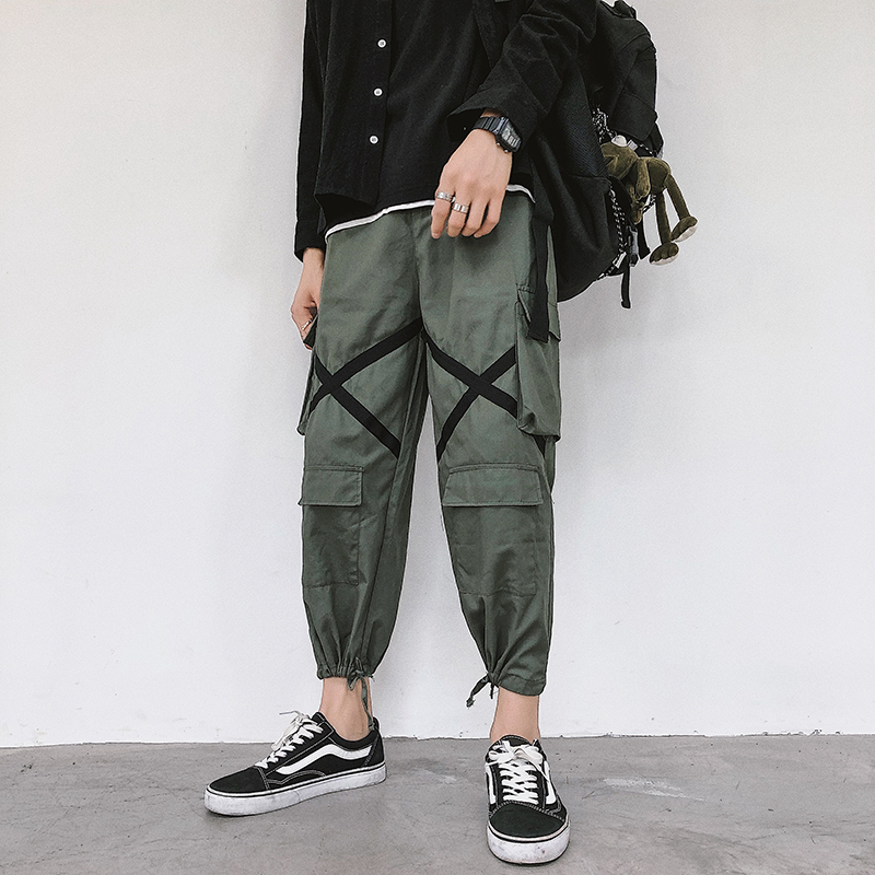 

2020 summer overalls men's clothing loose pencil trousers drawstring pants jogger men's casual pocket pants streetwear trousers, Black