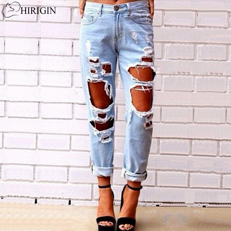 

2020 Sexy Spring Summer Jeans Women Ladies High Waist Destroyed Ripped Distressed Slim Denim Hole Pants Boyfriend Trousers, Blue