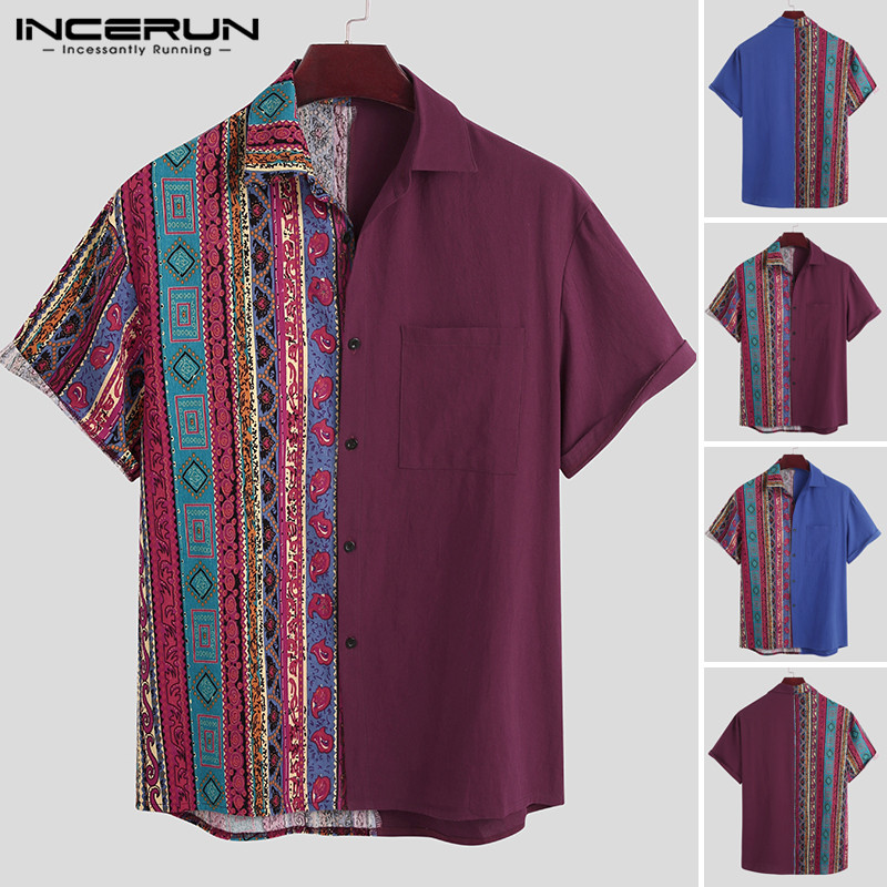 

INCERUN Printed Short Sleeve Lapel Camisa Mens Ethnic Style Shirts Casual Loose Striped Patchwork Blusas Breathable Blouse -3XL, Blue