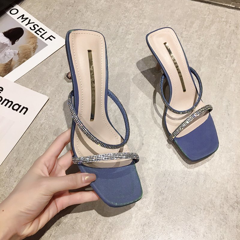 

Slipper Women Rhinestones High Heels Summer Shoes Woman Wedding Fashion Jelly Open Toe Mary Janes Mules Thin Heels Party Shoes, Blue