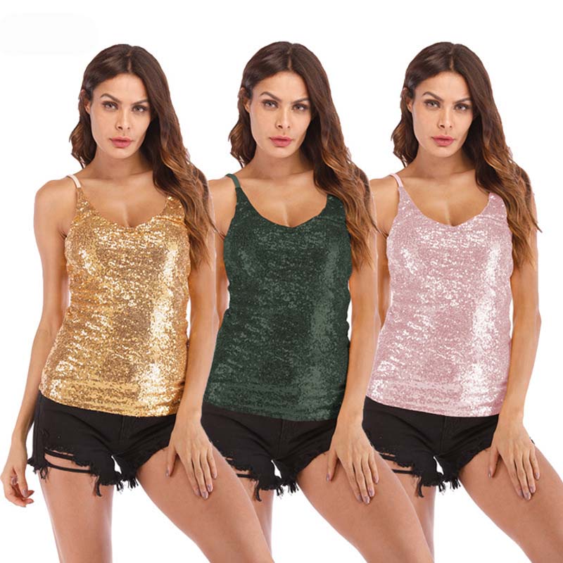 

WHZHM Hot Sale Sexy V-Neck Sequined Camis Tank Tops Sleeveless Backless Spaghetti Straps Female Casual Chic Tops, Gold