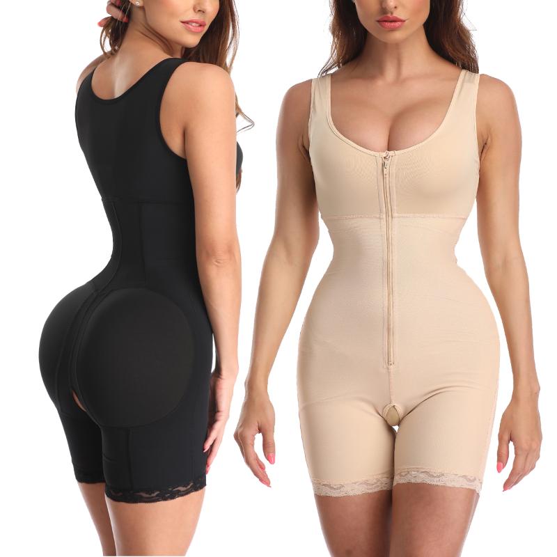 

Women Zipper Body Shaper Sponge Padded Underwear Bodysuit Full Body Waist Trainer Slimming Corset Mid thigh Tummy Control, Beige