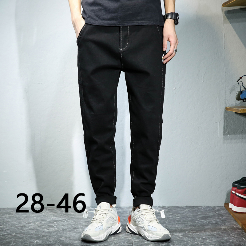 

Men's jeans 2020 4 seasons new nine points jeans mens summer light blue stretch Slim fit pants youth large size men 46, Black