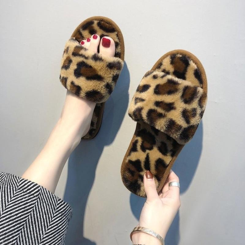 

Fuzzy Slippers Leopard Print Spot Chinelos Sliders Shoes Fluffy Slippers Plush Slipper Fur Slides Open-toed Pantoufle Femme 2020, Brown