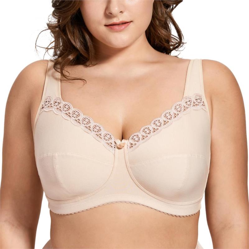 

Women's Full Coverage Lace Plus Size Wireless Non Padded Cotton Bra 34-48 B C D DD E F G H I J, Black01