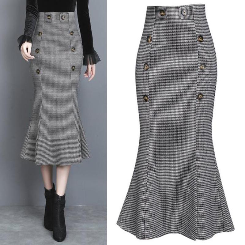 

Women Black Plaid Mermaid Skirt Korean Elegant High Waist Buttons Vintage Retro Woolen Office Lady Midi Trumpet Skirt Outfits, Plaid skirt