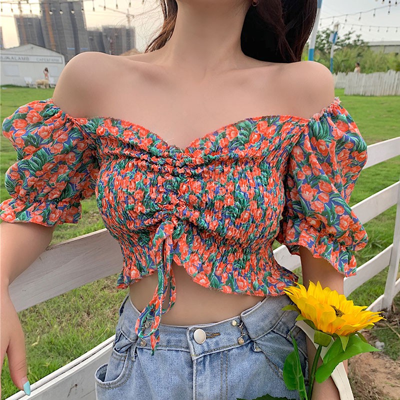 

Women's Blouses Sweet Style Female Floral Print Pleated Drawstring Tops Sexy Slash Neck Off Shoulder Puff Sleeve Shirts