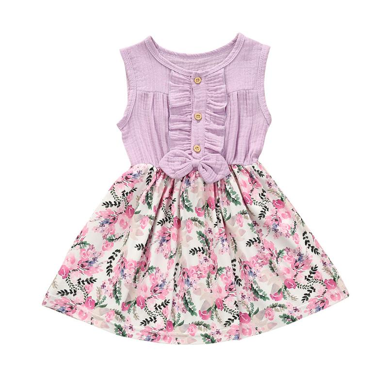 

Girls sleeveless cotton and linen upper body printed dress summer sleeveless linen bow floral dress sunscreen clothing S4, As photo