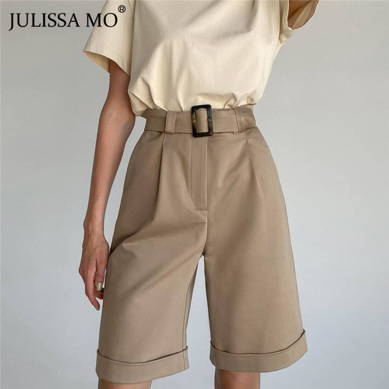 

JULISSA MO White High Waist Casual Shorts Women Summer Hot Wide Legs Shorts With Pocket 2020 Office Lady Suit Short Pants Mujer, Green