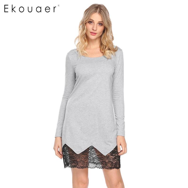 

Ekouaer Long Sleeve Nightgown Home Wear Women Round Neck Lace Patchwork A-Line Nightshirts Loungewear Night Dress, Blue