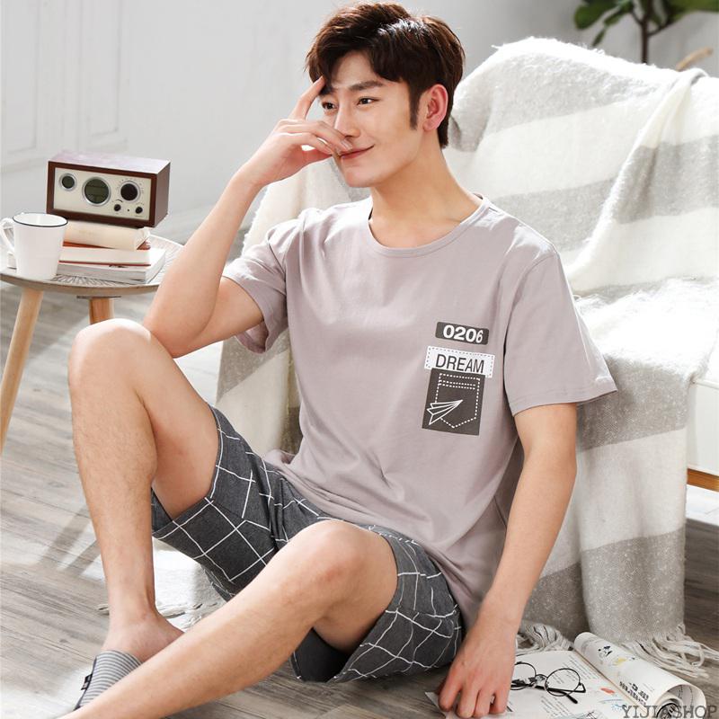 

New Summer short-sleeved cotton pajamas suit men's plaid pants pajamas men cute cartoon home clothes lounge home clothes, Black;brown