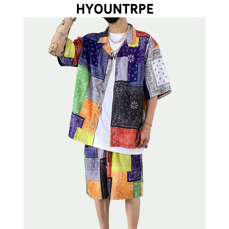 

Men's Tracksuits 2 Pieces Sets Mens Fashion Harajuku Printed Short Sleeves Loose Shirts And Elastic Waist Shorts Joggers Streetwear Hip Hop