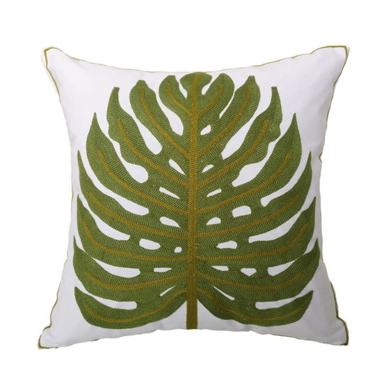 

Modern Fashion Big Green Palm Leaf Canvas Decorative Throw Pillow Case Embroidery Cotton Cushion Cover 45 x 45cm 1pc/lot