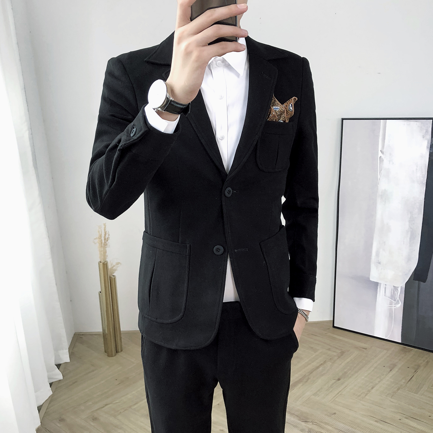 2020 Version coréenne pour hommes d'hiver de l'épais costume de laine costume de costume de costume de coiffure de coiffure slim veste marée (hau