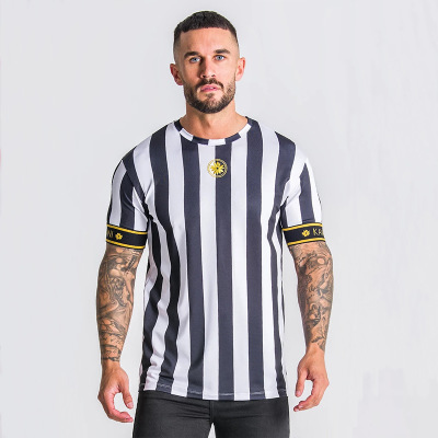 

Mens Sports T-shirt Mens Quick-drying Striped Casual T-shirt Breathable Fitness Short Sleeve Youth Fashion Striped Print Shirt, Color1