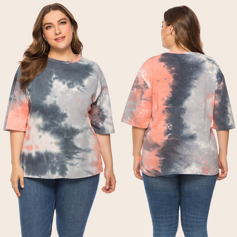 

Plus Size Tops Tie Dye Women Summer Short Sleeve Casual Loose T Shirt Star Decoration Clothes Tee Shirt, As shown