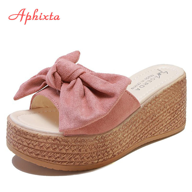 

Aphixta 7cm or 9cm Summer Women Wedge Slippers Platform Appliques Bow Beach Antiskid Female Sandals Clog Shoes Slides Women, Yellow 7cm