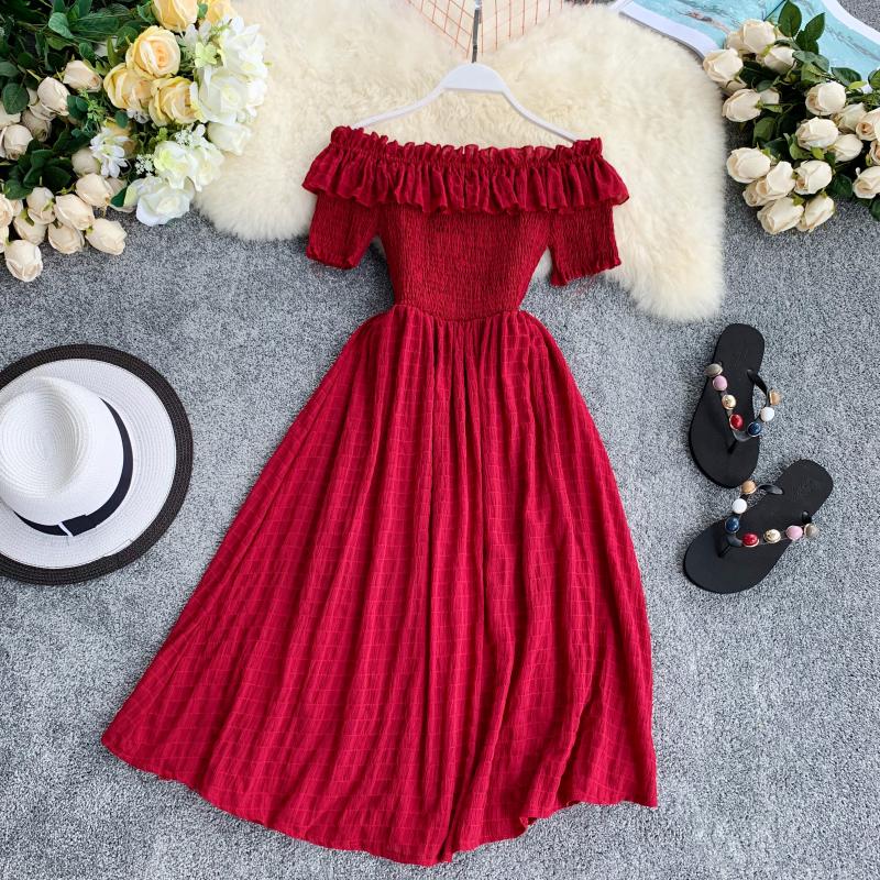 

2020 new style Women Summer Dresses Plaid Slash Neck Off Shouder Solid Vestidos 2020 Ruffles A-line High Waist Dress Robe Femme 11767, Blue