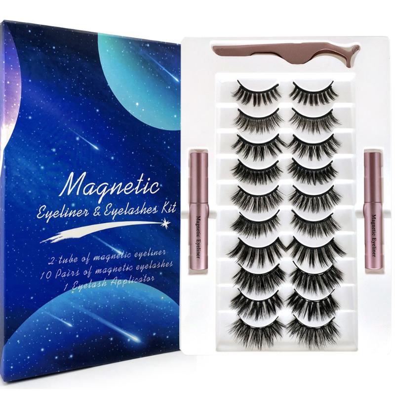 

10Pairs Long-lasting Magnetic Eyelashes with Eyeliner Kit Natural Thick Fluffy Wispies Mixed Lashes With Tweezer Eye Makeup Tool
