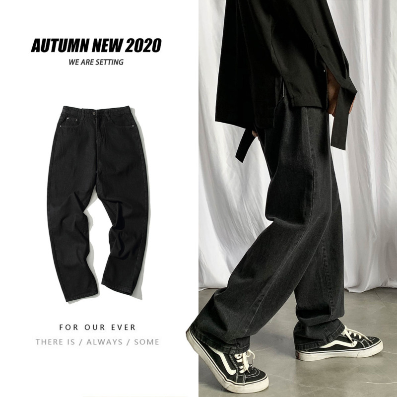 

Korean Straight Jeans Men' Fashion Solid Color Washed Retro Casual Jeans Men Streetwear Wild Loose Hip Hop Denim Trousers Mens, Black