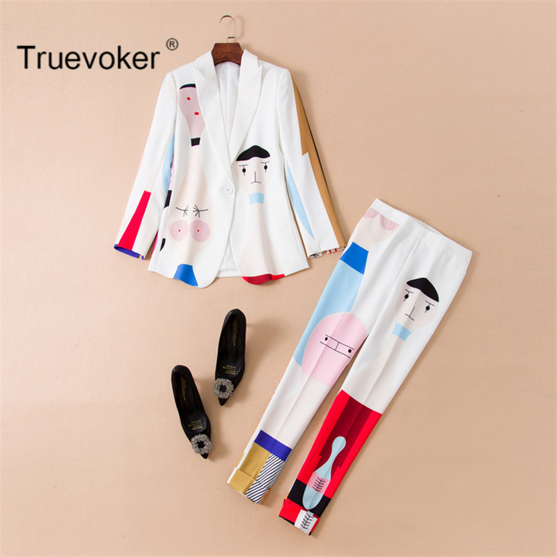 

Truevoker Spring Designer Set Suit Women' Top Quality Long Sleeve Cute Colorful Cartoon Printed Blazer Top + Pant Suit Twinset, As pic