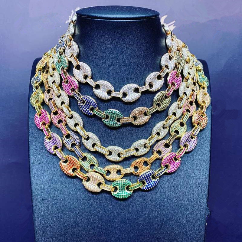 

New 12MM color zircon pig nose chain coffee bean chain micro set colorful hip hop DJ men's jewelry fashion personality Necklace 16-24inch