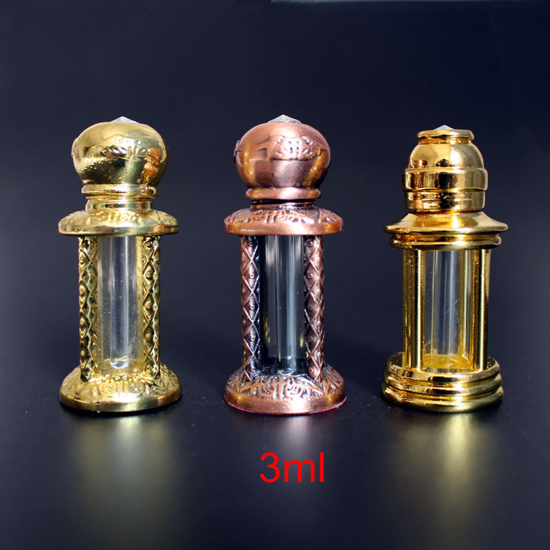 

5PC 3ml Metal Glass Perfume Bottle Arab Style Alloy Essential Oils Vials with Glass Dropper Sample Test Bottle Gold Bronze