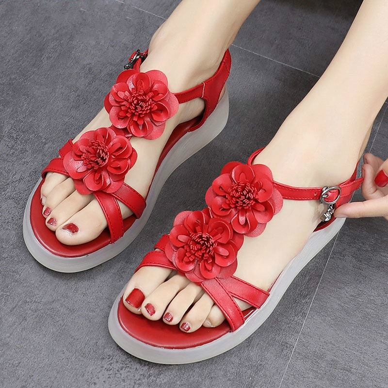 

2020 Summer Low Heels Woman Sandals Non-slip Soft Bottom Large Size Red Sandals Girls Flower Genuine Leather Shoes Women, Black