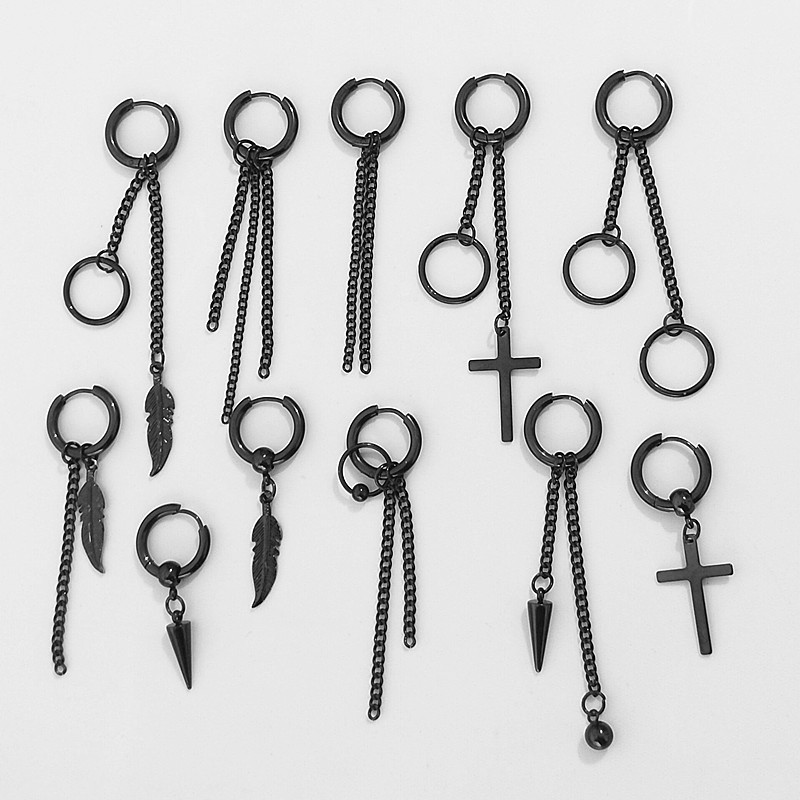 

Stud 1PC Men Round Circle Punk Black Earrings Stainless Steel Geometric Leaf KPOP Tassel Men's Jewelry Accessories