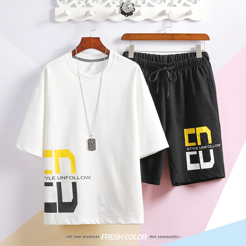 

Men' two-piece short-sleeved T-shirt summer elastic lace-up shorts Japanese net red loose suit type male letter printing casual, Black