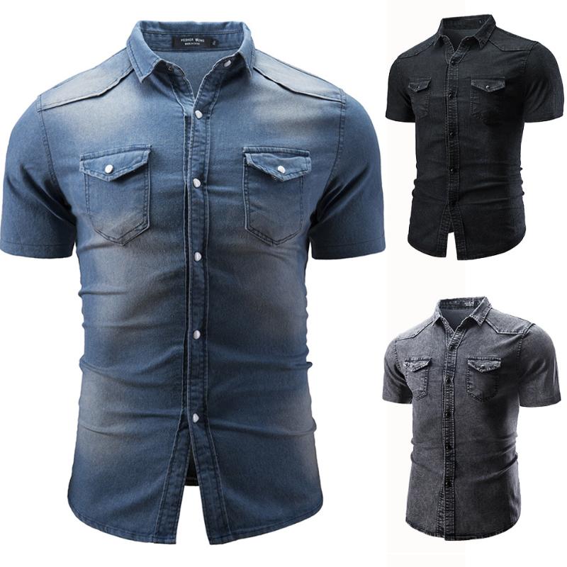 

Fashion Lapel Denim Shirt 2020 Designer Short-sleeved Men's Blue Slim and Old Washed Denim Shirt Plus Size Jacket 3XL, 01