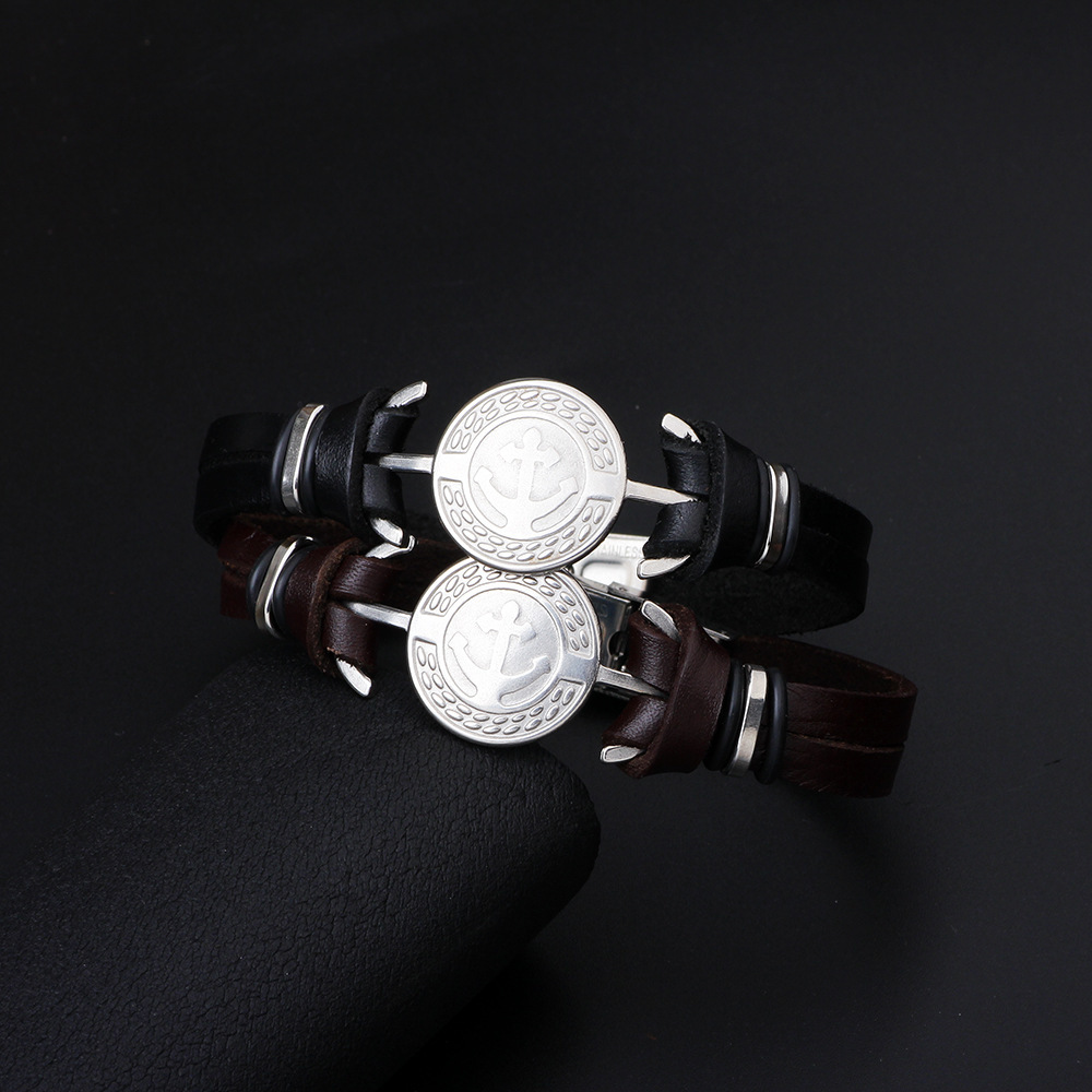 

Nimei hot sale Japanese and Korean navy style stainless steel anchor bracelet Simple unisex genuine leather bracelet