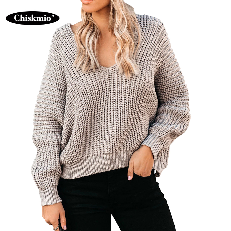

Chiskmio V-Neck Sweater Women Knitwear Minimalism Loose Long Sleeve Pullovers Ladies Knitted Sweater Tops Jumper Women Sueter, Brown
