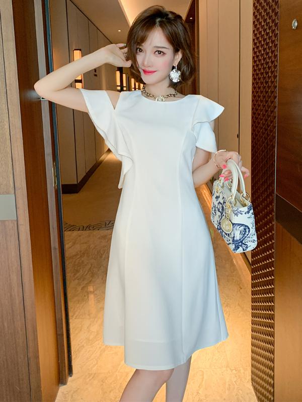 

Stylish Classic round Neck Stitching Diamond Chain Ruffles off-Shoulder Waist Hugging Simple Dress Fashion Summer New Style, White