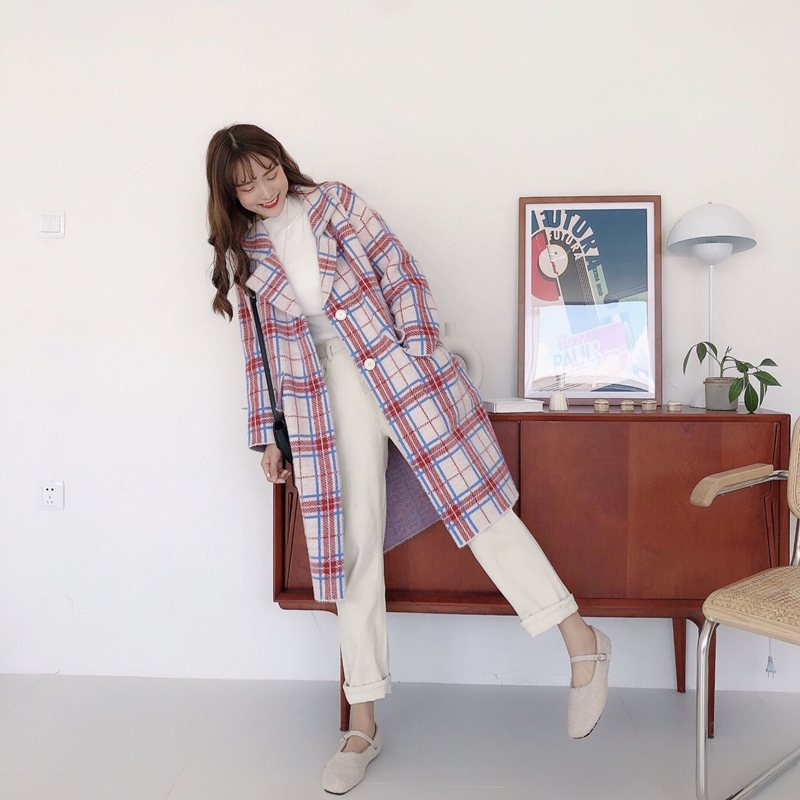 

2020 New Winter Coat Female Temperament Korean Plaid Long Jacket Belt Ladies Eleagnt Woolen Coat Women Autumn Cloth, Pink