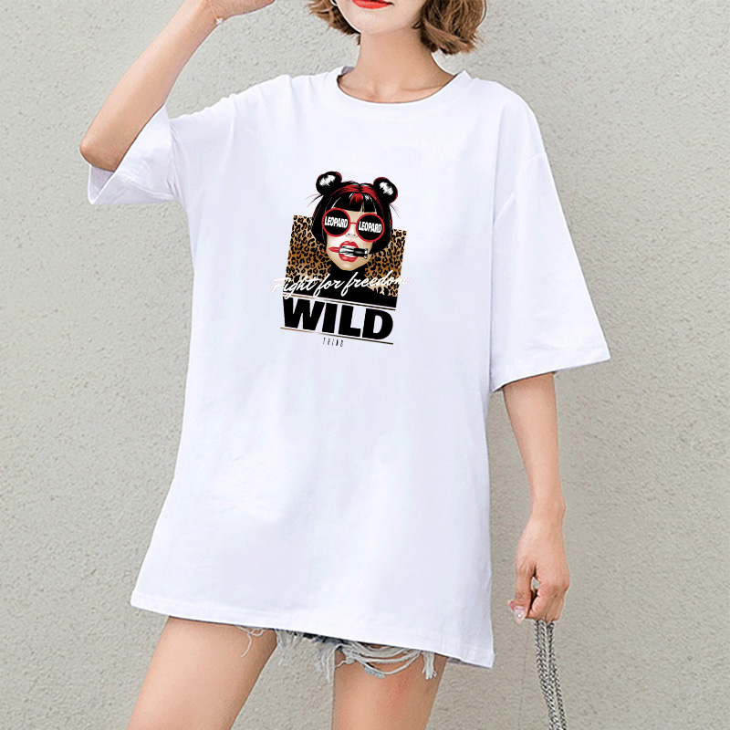 

Women Designer T-Shirt Girls Casual Summer Tees with Letter Womens New Trend Leopard PrintT-Shirts 2020 Fashion Character Printing Tops, White