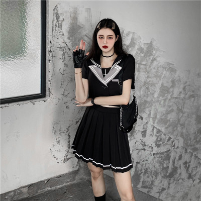 

2020 Summer Preppy Stley Sexy Crop Top Mini Short Skirt Fashion Two Piece Set Short Sets For Women Clothes, Black