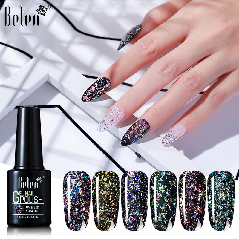 

Belen 10ML Laser Bewitching Petal Flower Glitter Star Nail Gel Polish UV LED Nail Varnish Lacquer Semi Permanent Gel Paint, Top