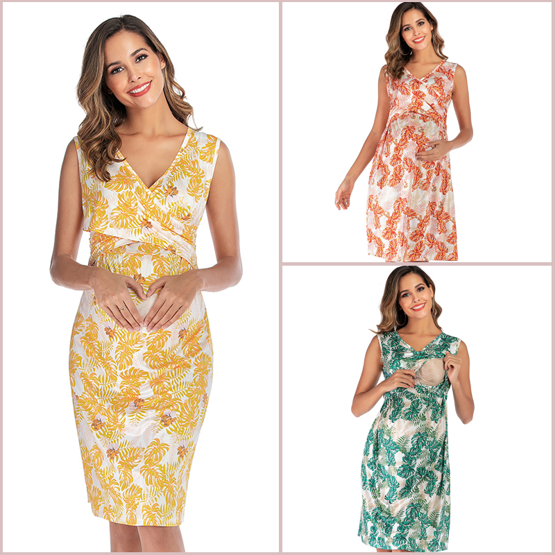 

Maternity Nursing Dress V-neck Short-sleeved X-cross Breastfeeding Clothes for Pregnancy Women Postpartum Energy Mom Wearing, Yellow flower skirt