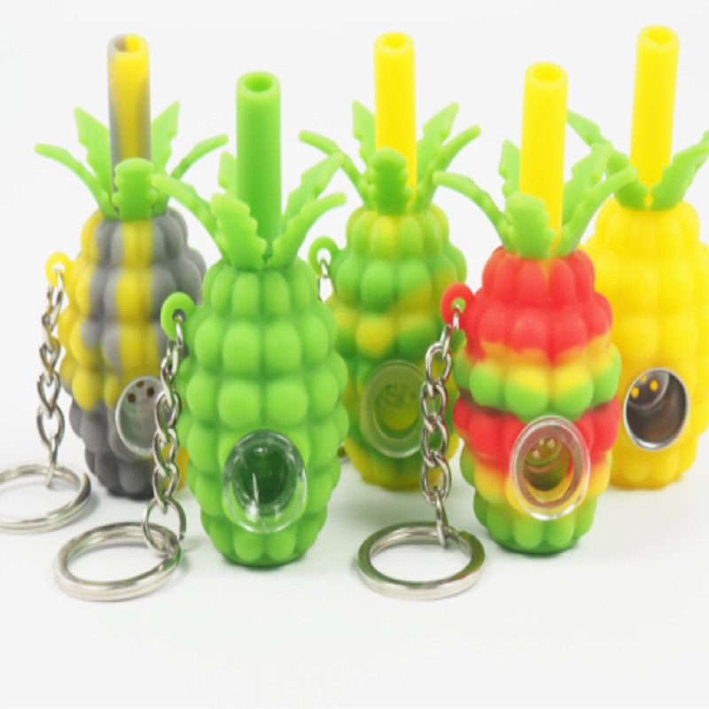 

Pineapple Silicone smoking Keychain Pyrex Colorful Bong Glass Hand Pipe with Removable Metal Bowl