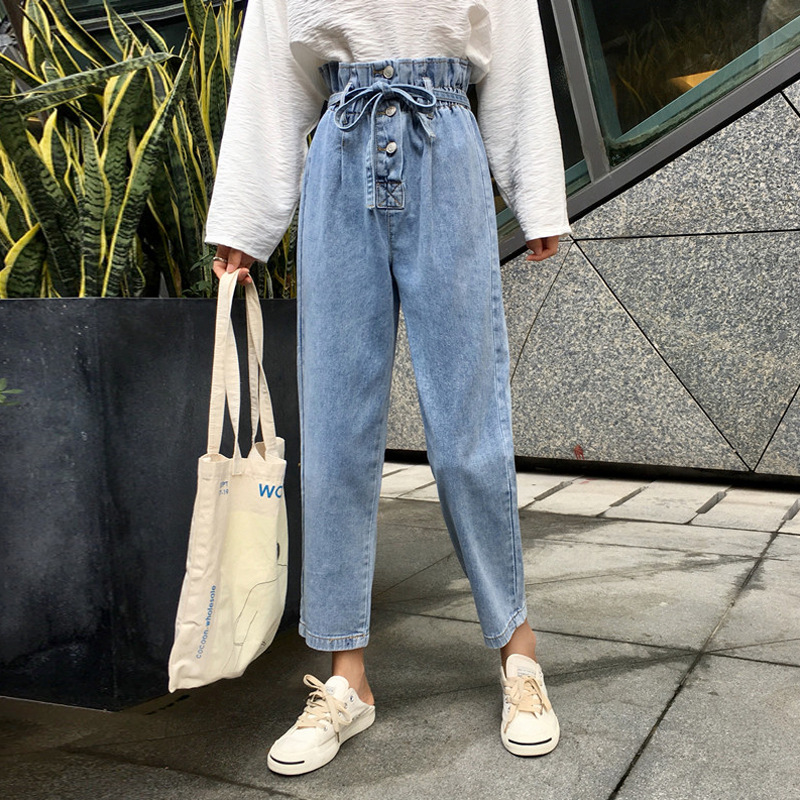 

Jeans Women Harem Denim Simple High Pleated Waist Buttons Students Ankle-length All-match Loose 3XL Plus Size Harajuku Fashion, Light blue