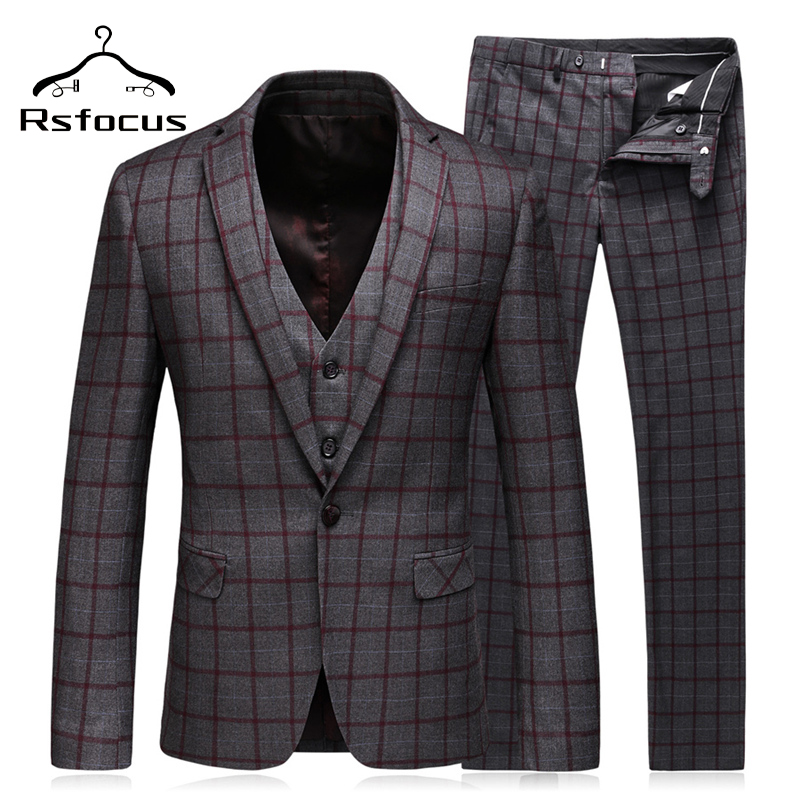 

Rsfocus Slim Fit Dark Grey Blue Plaid Suit Men New Mens Suits Wedding Groom 3 Piece Formal Business Suits TZ011, Blue blazer